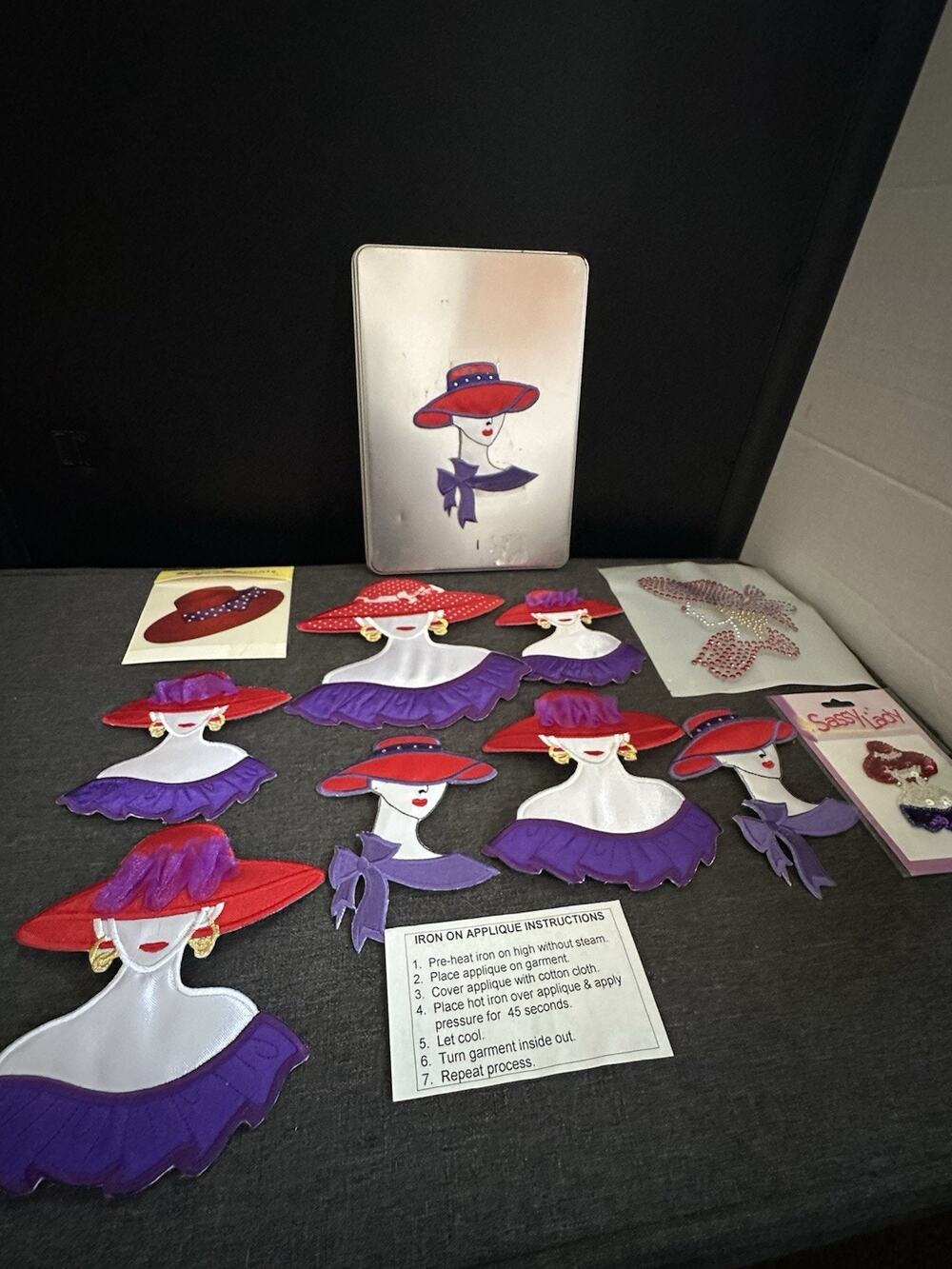 Red Hat Lady Iron On Applique Patch Craft Lot Purple Red Rhinestones